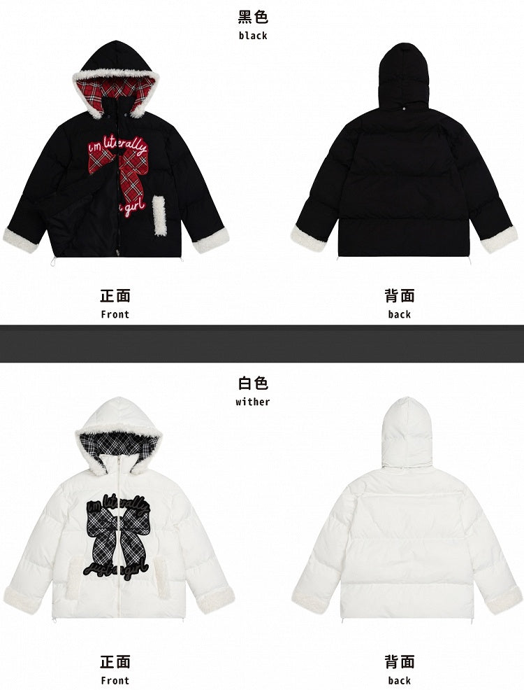 Schwarz/Weiß bezahlte Pufferjacke mit Schleifenapplikation und Kapuze, Plüschmanschetten