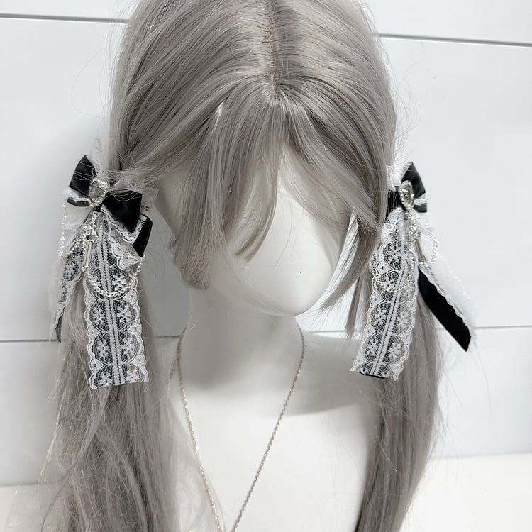 Charm Lace Bow Hairclips White/Pink/Dusty Cross Jirai Kei Pink/Black/Blue