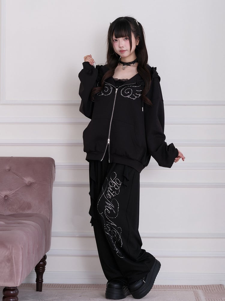 Black Straight-Leg Pants with Rhinestone Embellishment - No Genki