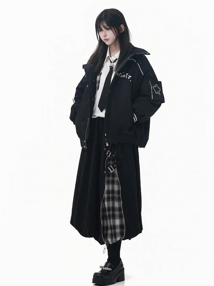 Padded Black Jacket Detail with Banded and Collar Buckle Embroidered