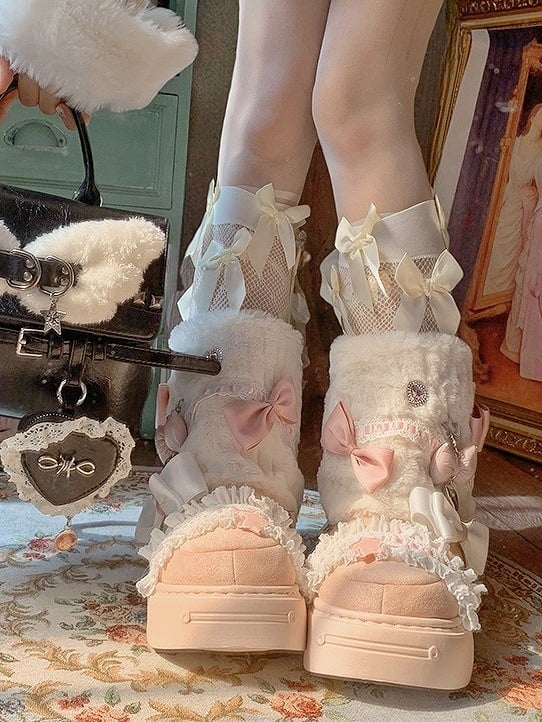 Lolita Bow Sweet Pink Plush Shoes with Beige Accents