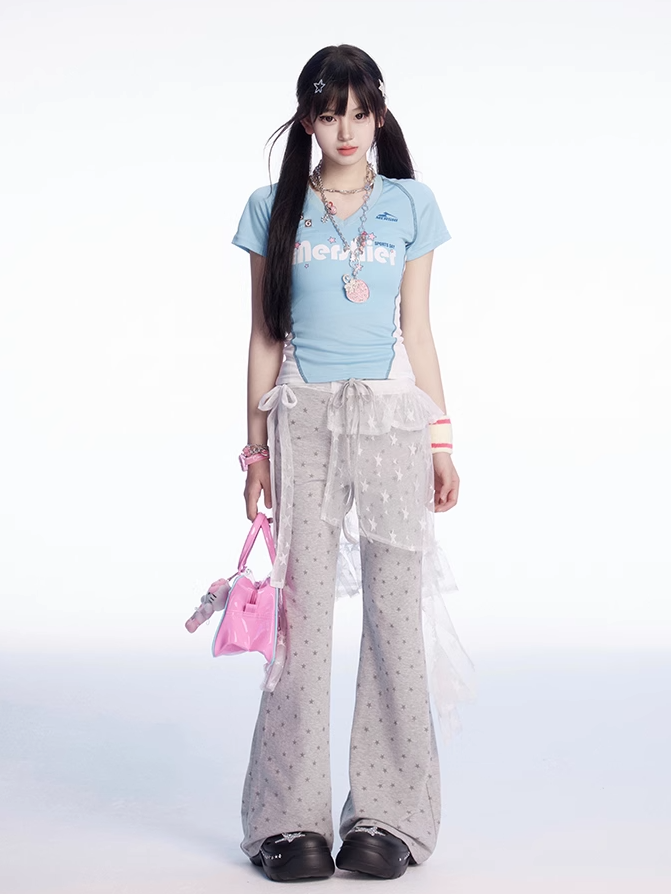 Vネック スリムフィットTシャツ ブルー&ホワイト カラーブロックデザイン