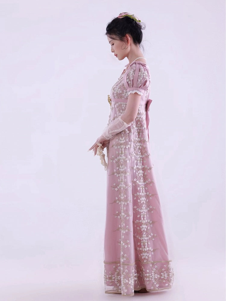 ピンクのエンパイアウエストリージェンシーエレガントロリータマキシドレス足首丈バージョン