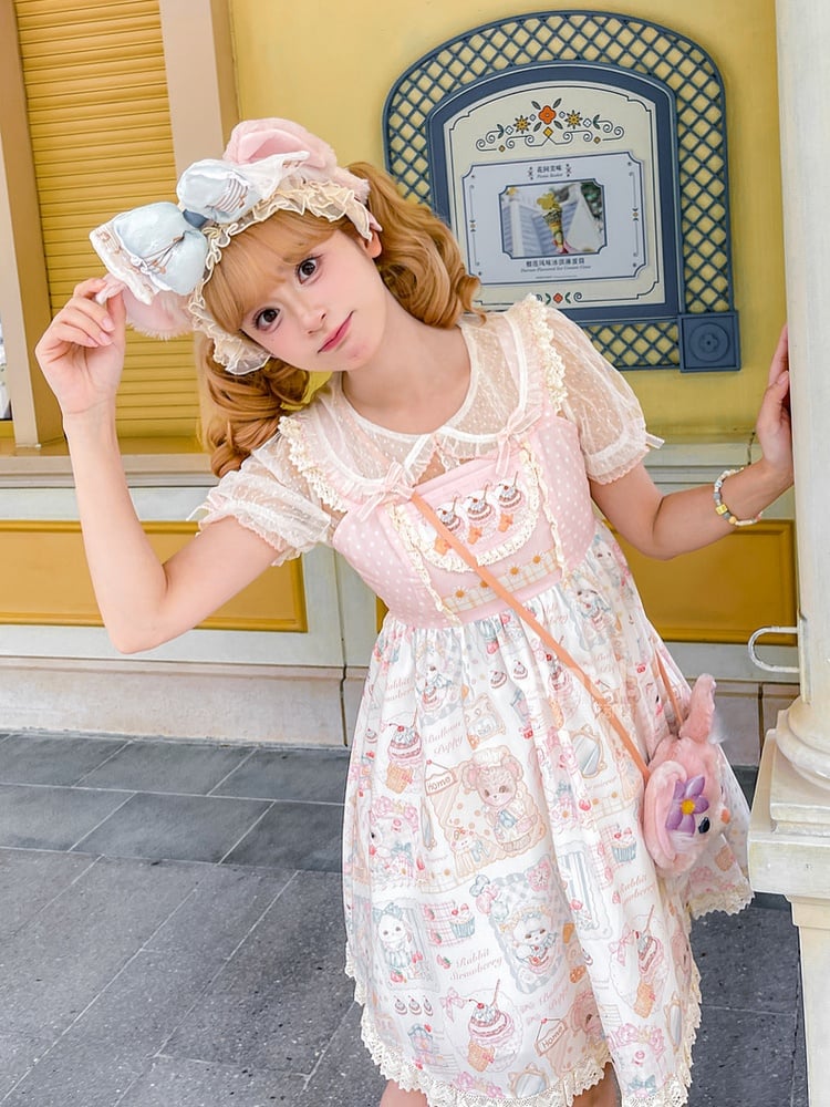 Sweet Lolita Dress Jumper Pink Flutter Sleeves Kitten and Cake Print Skirt