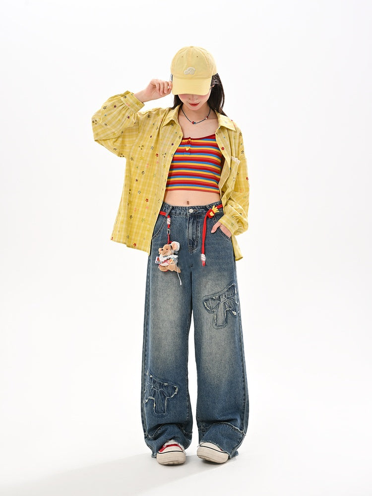 未加工ワイドレッグジーンズ ウエストリボンアップリケ ブルー ローヘム ヴィンテージ