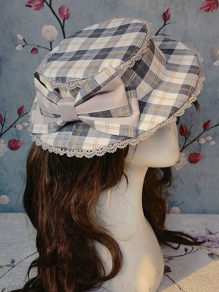 Plaid Hat and Trim Lace Bow Brown/Blue Lolita Large with