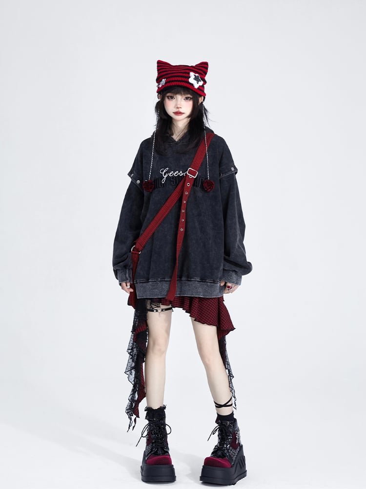 Detachable Sleeves with Black Hoodie Lettering Embroidered Vintage