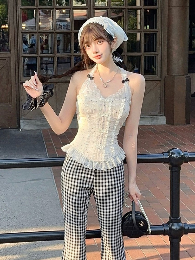With White Chiffon Creamy Black Polka-dot Pattern Bustier