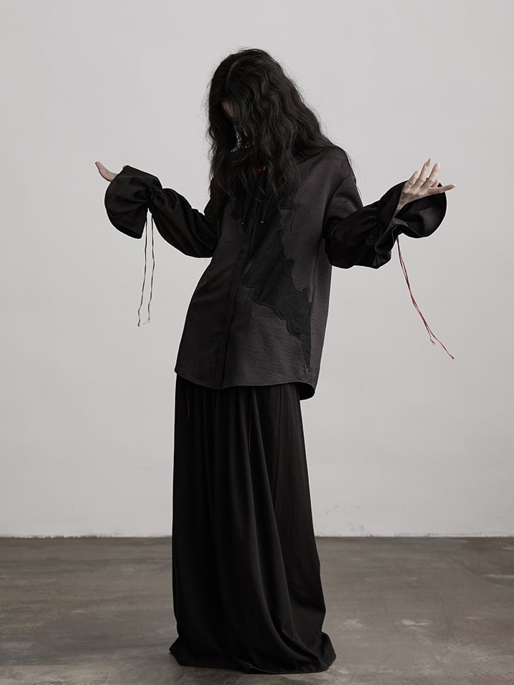 Brooch Red Button Black Drawstring Decoration Shirt Urban Pattern Goth with Subtle