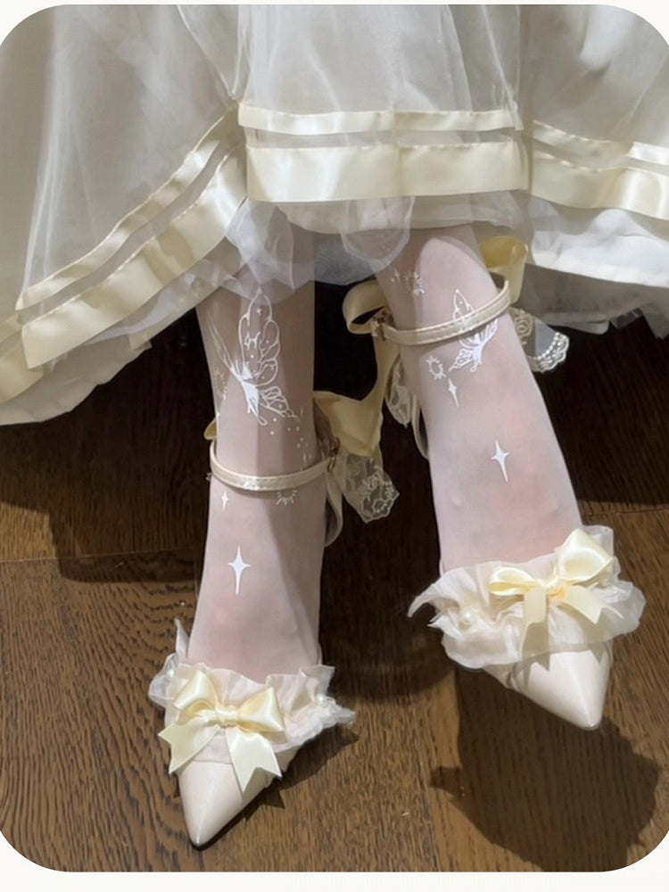Beige Sweet Pointed Toe Heels with Bow Accents - A Sky Rabbit