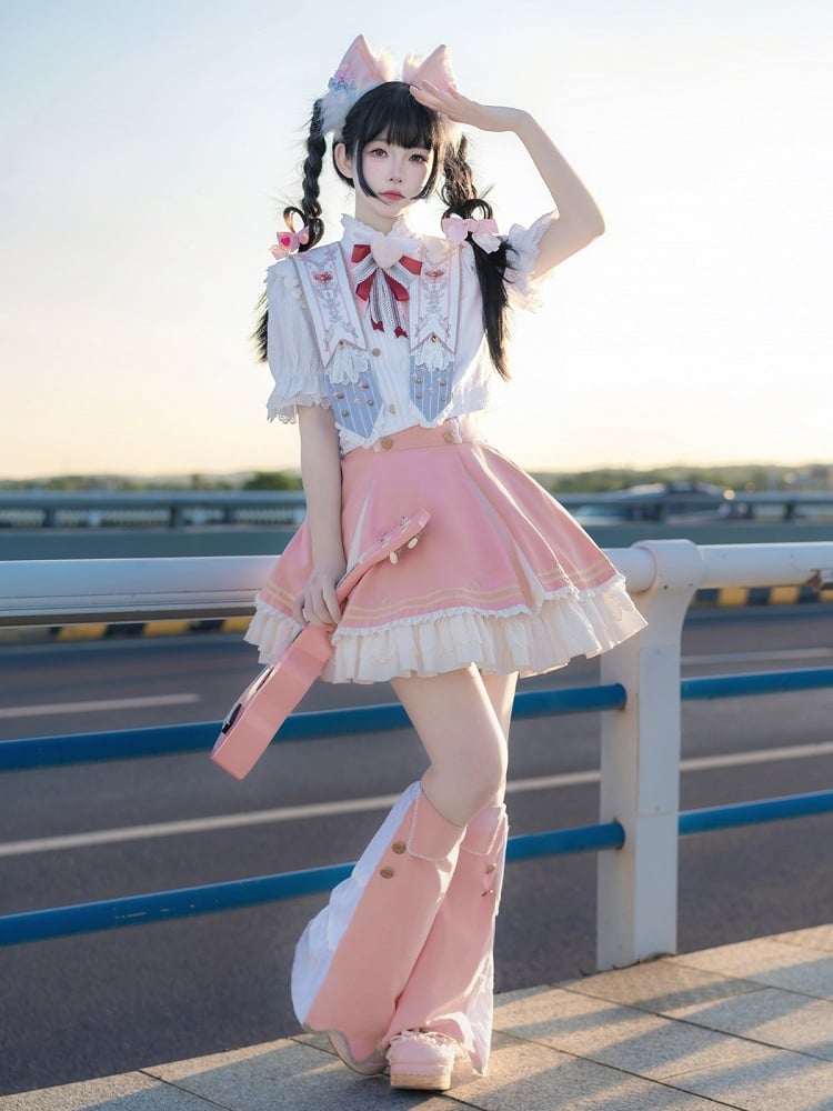 Leg Lolita Warmers Pink + Blouse Set Collar Skirt Ruffled Detachable