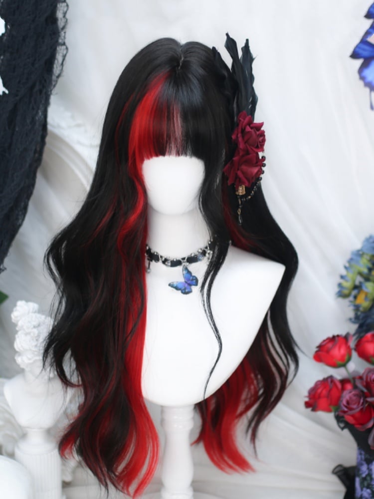 Redand Black Highlight Under Bust Length 65CM Wavy Wig with Full Bangs