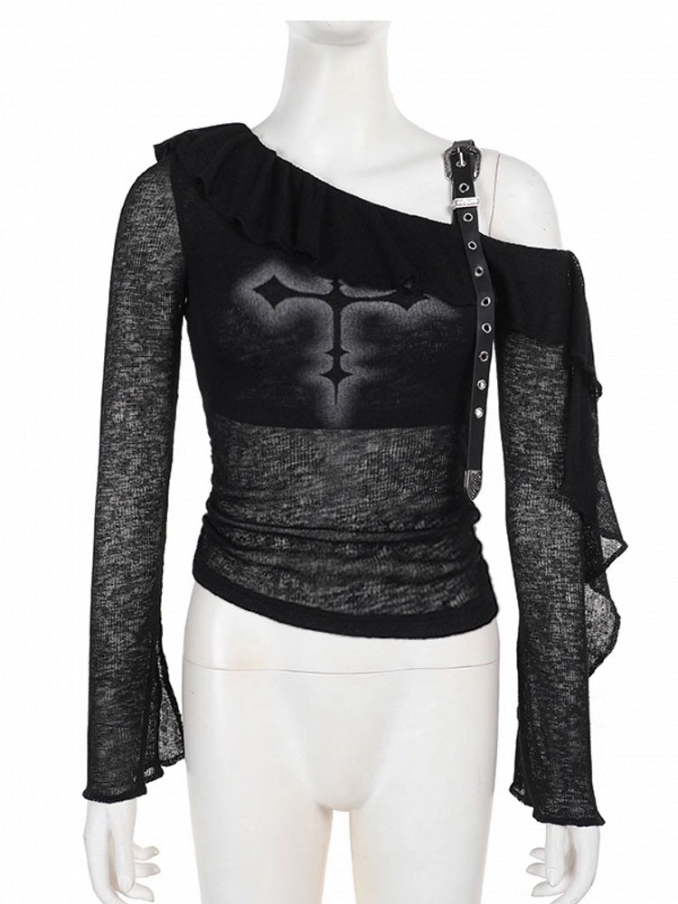 Strap Trim Print with Gothic Cross PU Top Neck Ruffle Halloween Asymmetrical Black