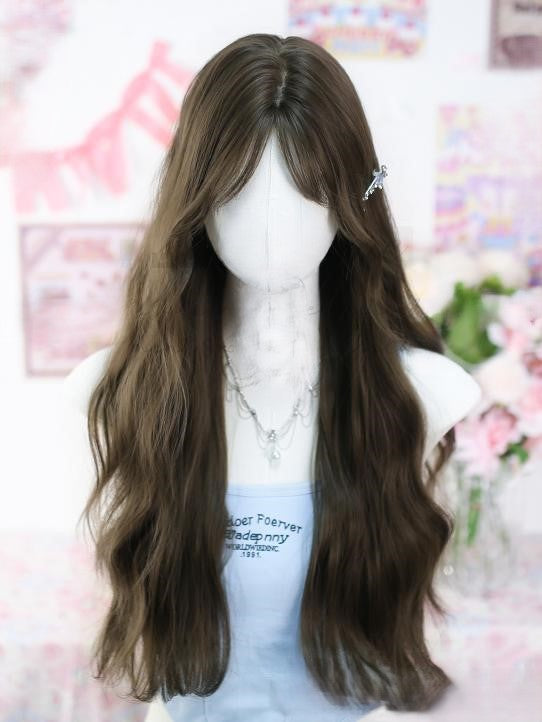 Natural Dark Curtain Long Wig Wavy Bangs Grey
