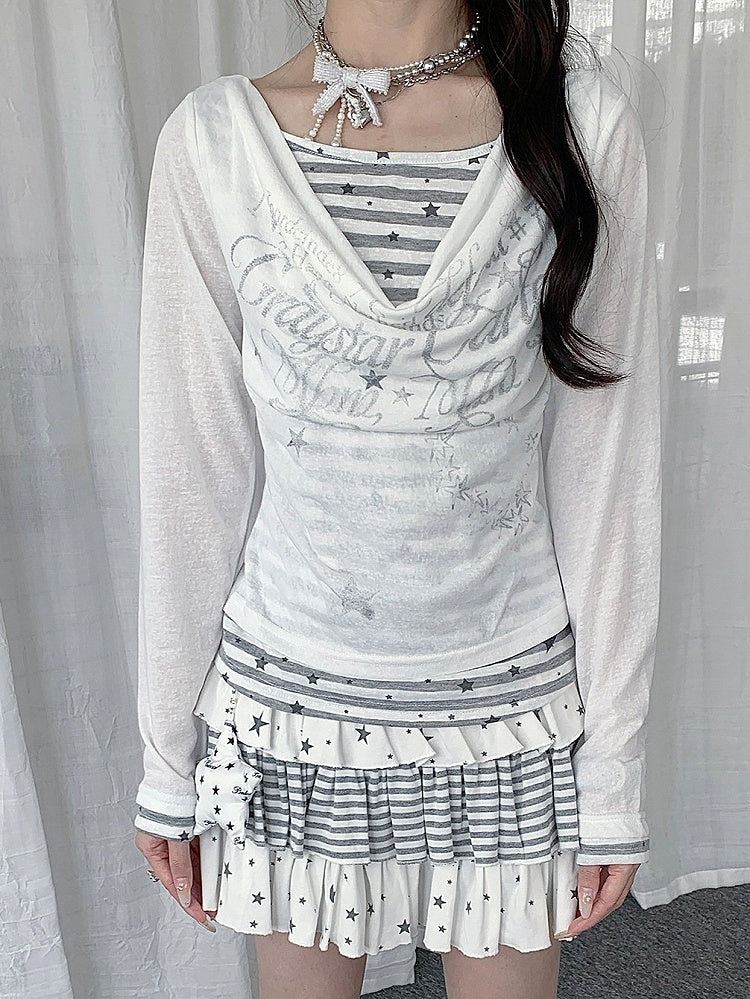 Black/White Cowl Neck Fake Two-Piece Long Sleeve Top with Stripes and Stars - Solkatt