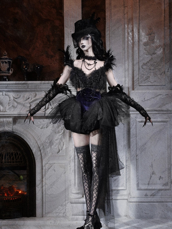 Feather-Adorned Black Dress Beaded Straps Ballet Purple and Goth Detachable Tulle Train with