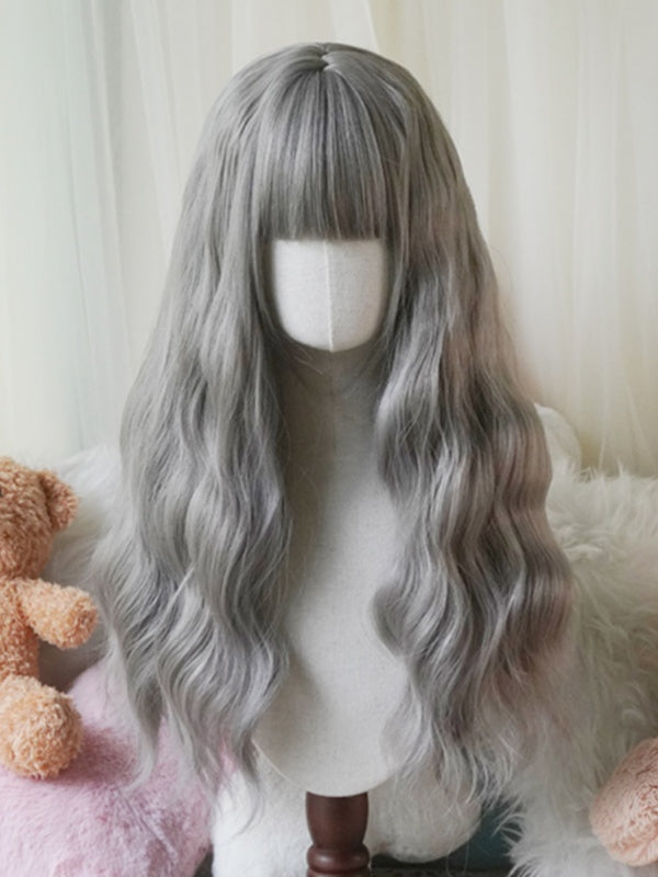 Schwarz/Weiß/Hellblond/Blond/Karamell/Grau, lange, gewellte Perücke mit vollem Pony