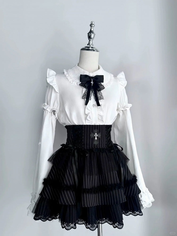 Jirai Kei Peter Collar Bowknot Sleeves Ruffled Lace Gothic Lolita Pan Trim White Blouse with Detachable Bell
