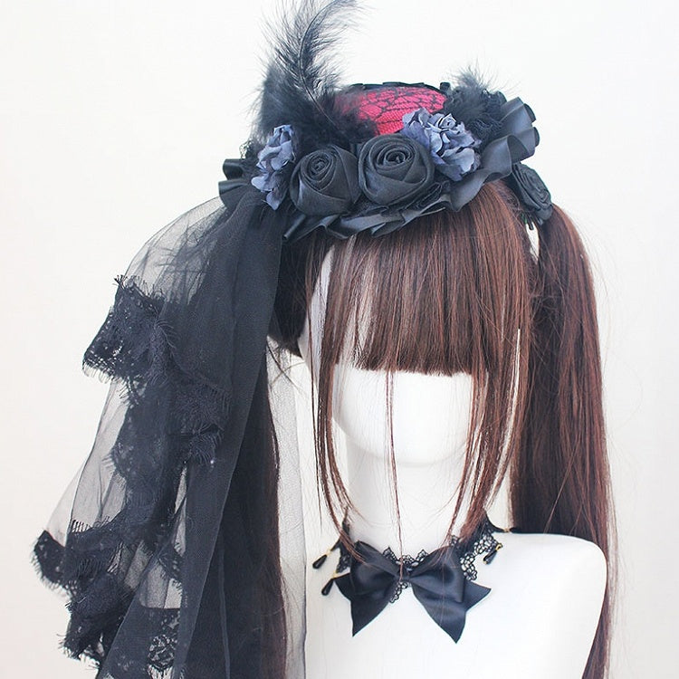 Black Rosette Feather Lace Trim Hat With Veil