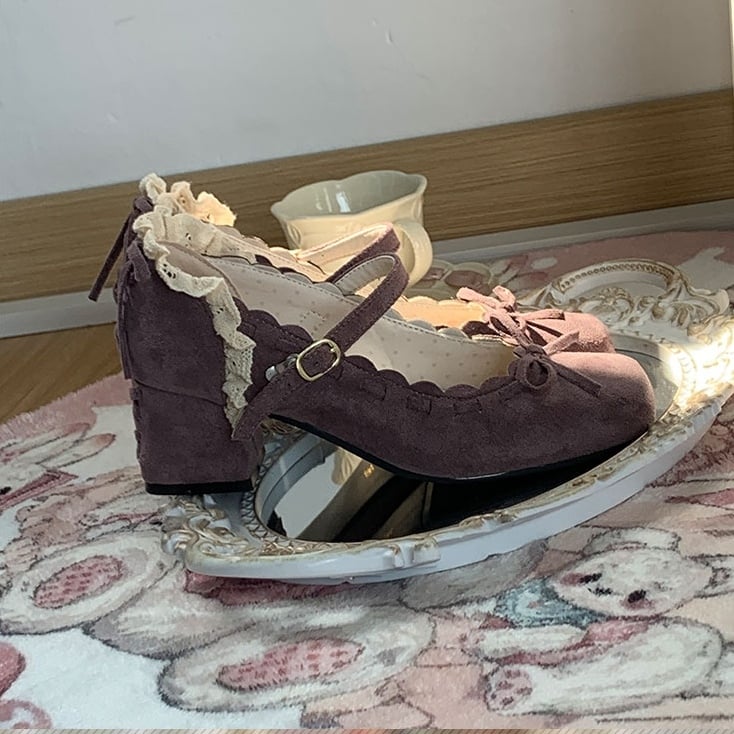 Mid Scalloped Accents Heels with Classic Purple Bow Hem