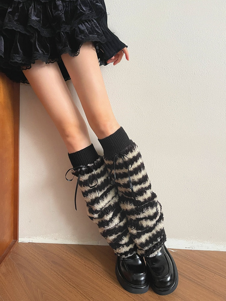 Black Bows Warm Fuzzy Pattern Leg Beige Warmers Y2K Striped with