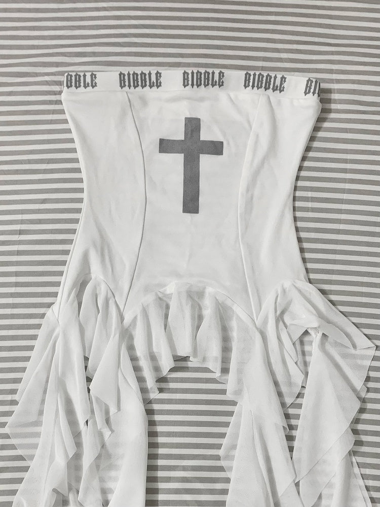 White Cross Print Asymmetrical Flounce Strapless Top Hem Glamorous