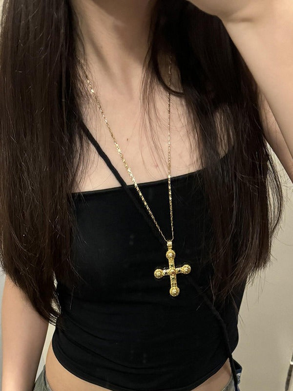 Gold Rhinestone Cross Pendant Necklace - WhaleHall