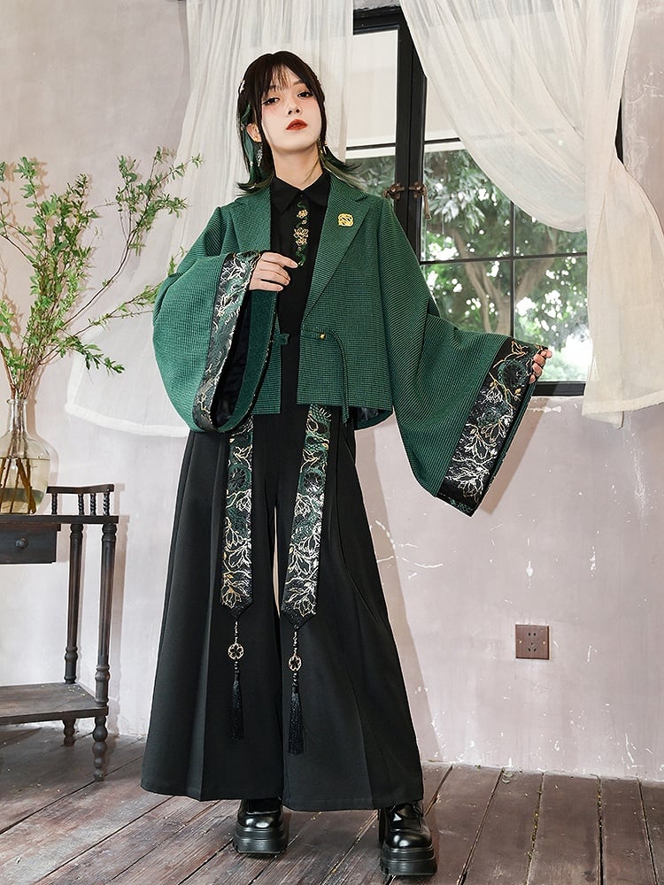 Gothic Wide-Leg Cheongsam Pants with Black Ribbons Detachable Green + Snake Tassels