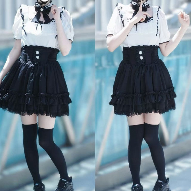 Outfit Cutout Schwarze Kei Bluse Halskorsett - und Square Shoulder Rock Schnürung Weißer Jirai