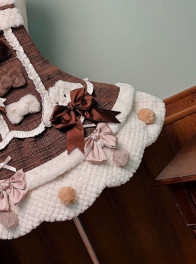 Dress and with Scalloped Brown White Sweet Trim Lolita Overalls Pom-poms Bowknots Edge
