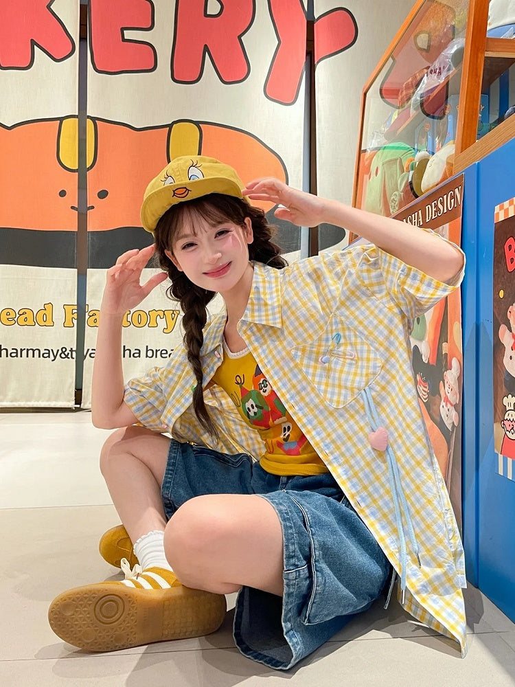 Placket Heart Short Star Button Sleeves Shirt Plaid Drawstring Green/Yellow