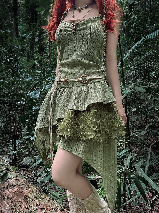 Halter Neck Sleeveless Dress with Asymmetric Hem - Tan Tuan