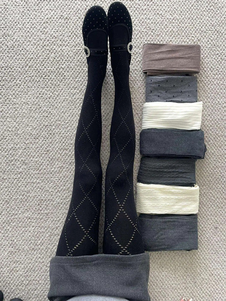 Diamond Ribbed (5 Colors) Accents Eyelet Tights with