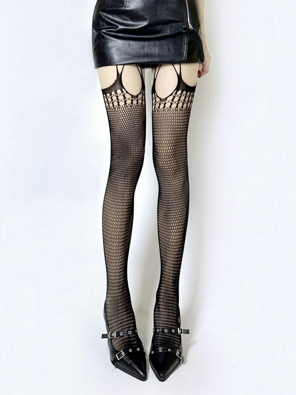 ブラック/ホワイト カットアウト サスペンダー フィッシュネット タイツ