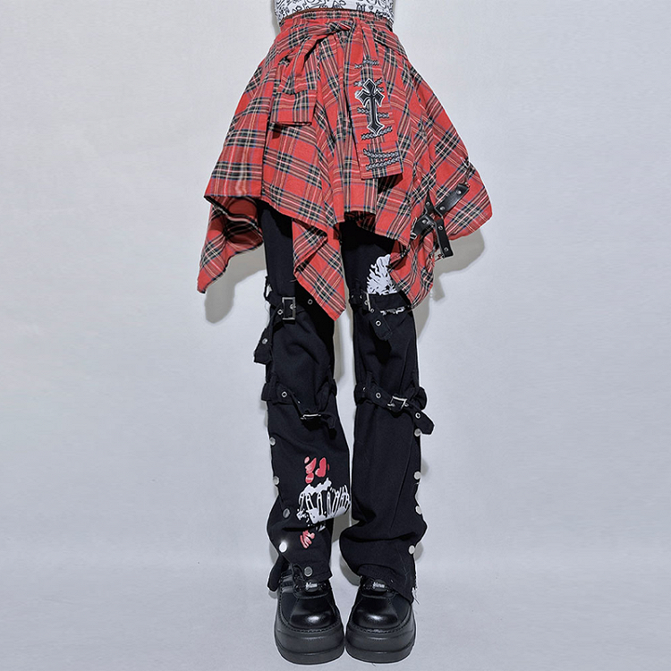 Plaid Handkerchief Design and Cross Waist with Skirt Red Elastic Hem