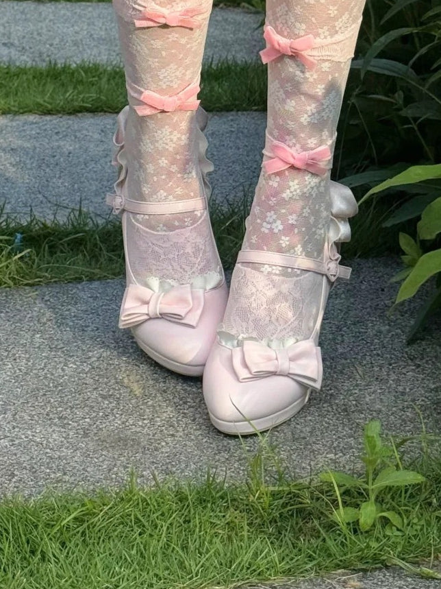 Trim Mary Toe Top Bow Pointed Pink High Lolita - Ruffles Heel at Janes Hime