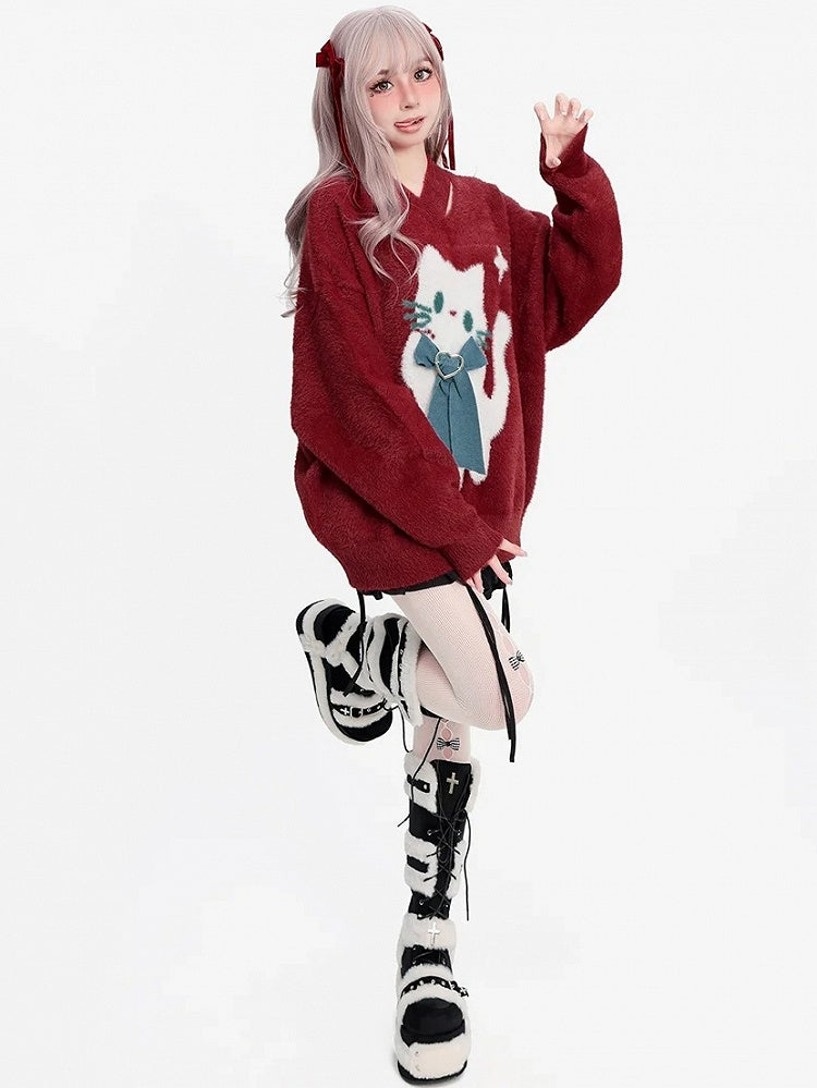 クリスマスレッドキャットリボンVネックソフトセーター