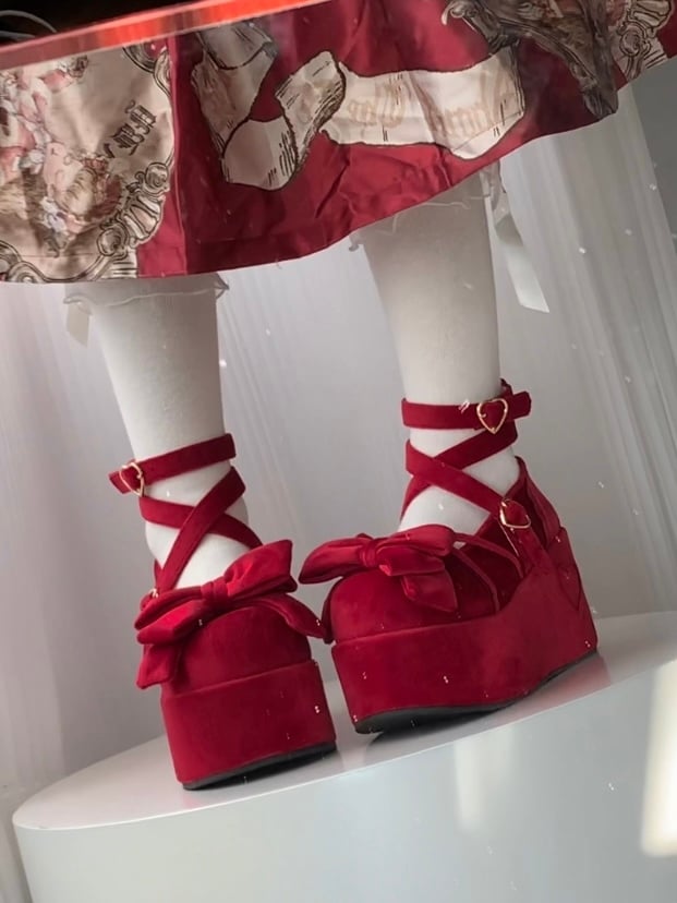 Bow - in Top Velvet Red Wine Platforms Sweet at Lolita