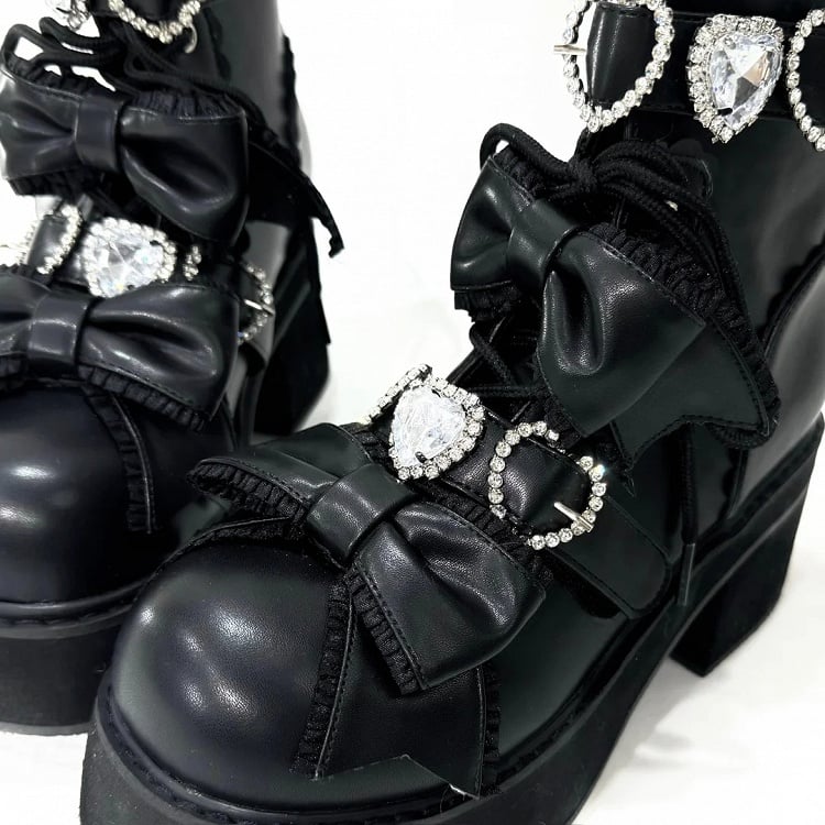 Schnürstiefel mit Jirai-Schnallen und Strasssteinen, Plateau-Stiefel, matt, Sweetheart, kurzer Knöchel, Kei, Schwarz