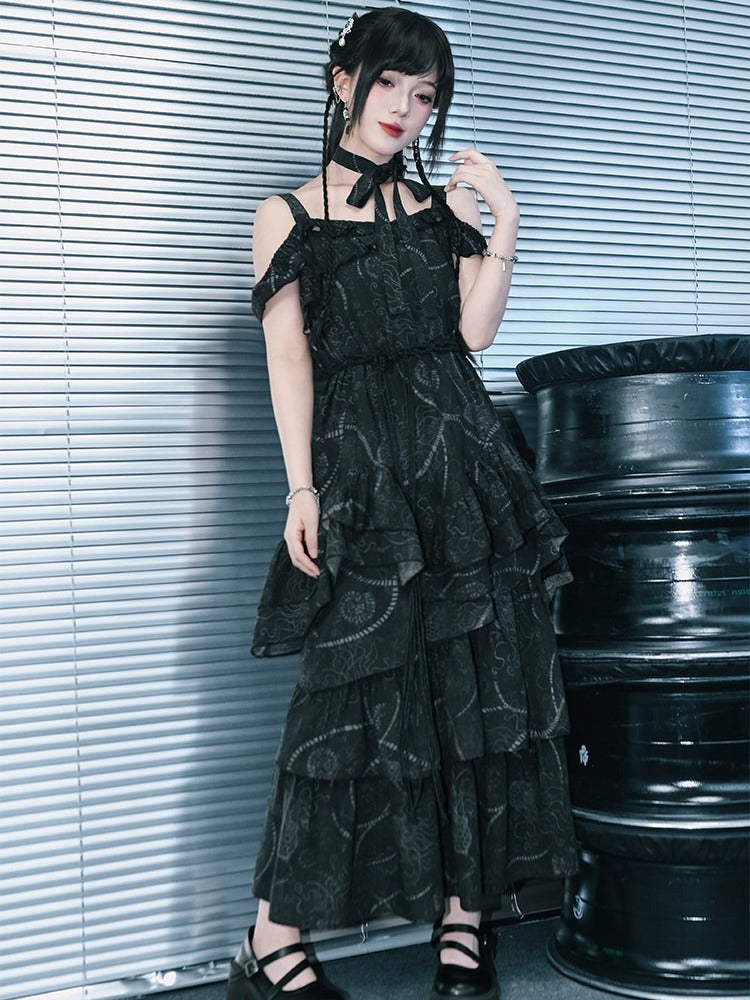 Gothic Black Asymmetrical Three-Tier Skirt with Sea Lily - Quirky Hut