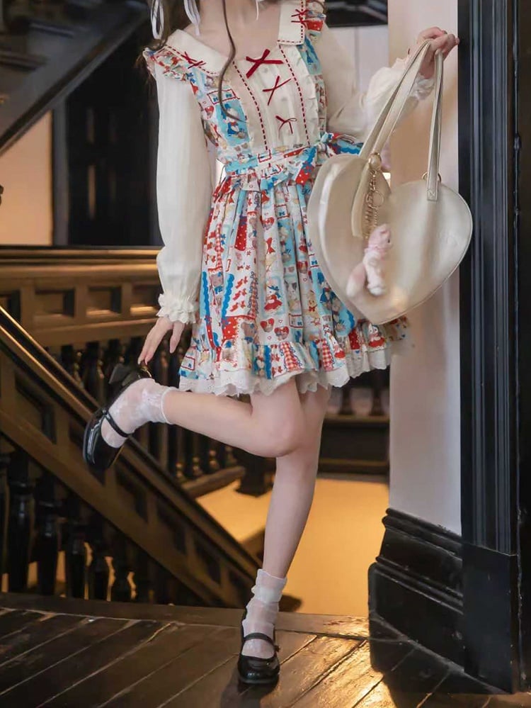 Red with Style Patchwork Long Lolita Blue Showa Dress: Sleeve Belt Sweet Waist Retro