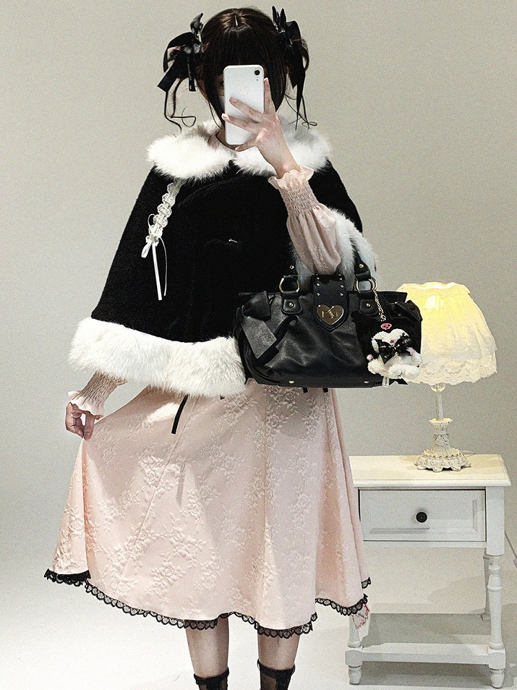 Pink Bow Shoulder Jirai Version Lace Black Long-Sleeve Kei Cutout Dress Decor Rhinestone Long