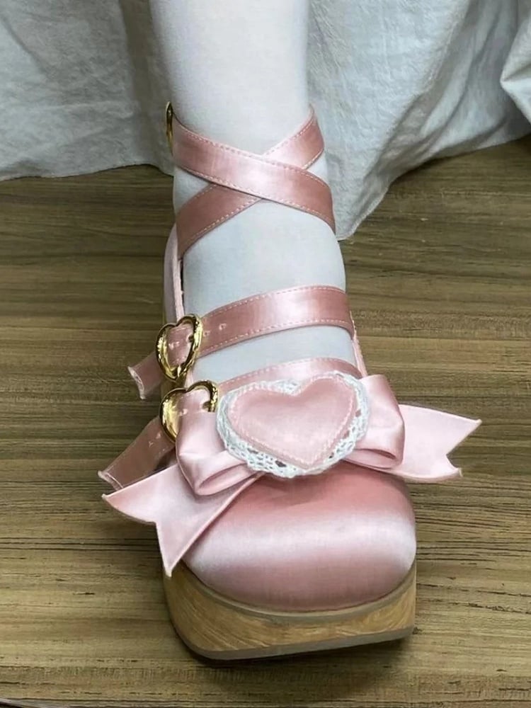 Mary Detachable Platform Lolita Sweet Satin 6.5cm Woodgrain with Sole Bow Pink Janes - Heart