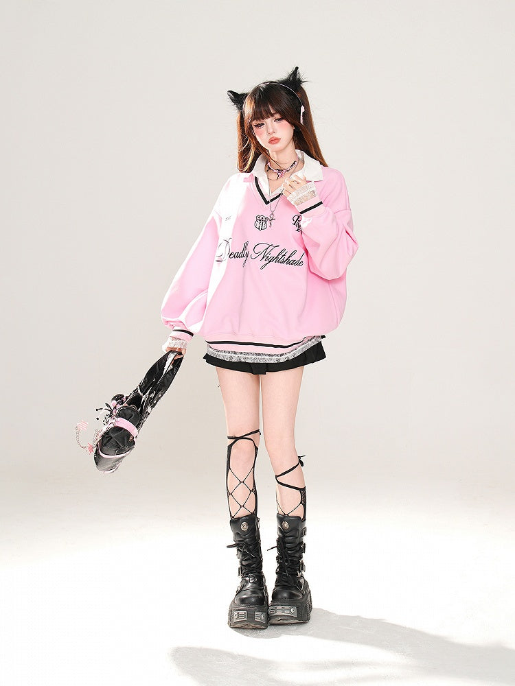 Aprikose/Pink Polokragen Buchstabenstickerei Frühlings-Sweatshirt Kunst-Zweiteiler