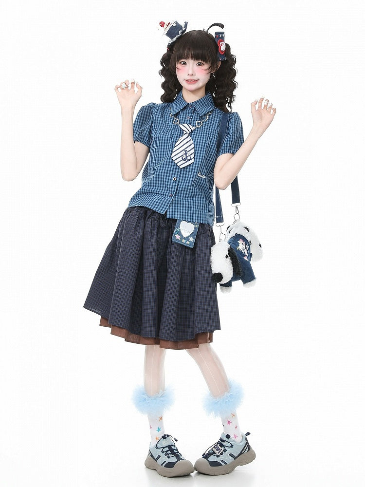 Blue Plaid Puff Sleeve Polo Shirt - Languid Park