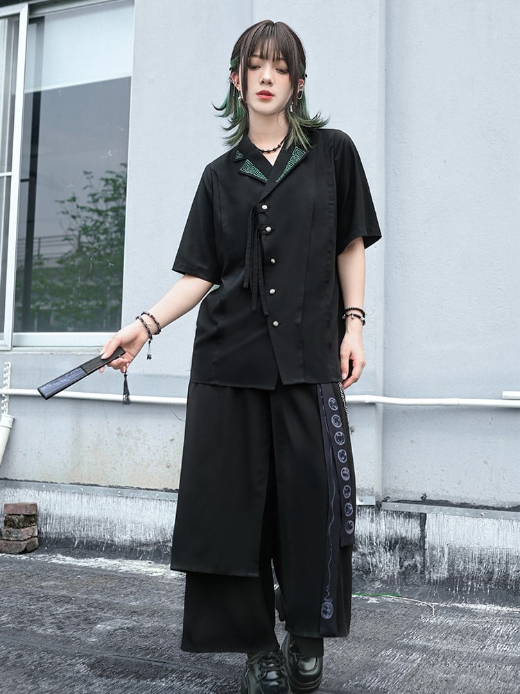 Regular/Thin with Hem Details Bird Ribbon Metal Pants Print Cheongsam Black Asymmetrical Wide-Leg Chain