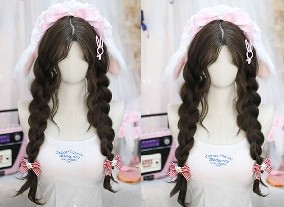 Gray Brown Under Bust Length Braids Wig with Wavy Curtain Bangs