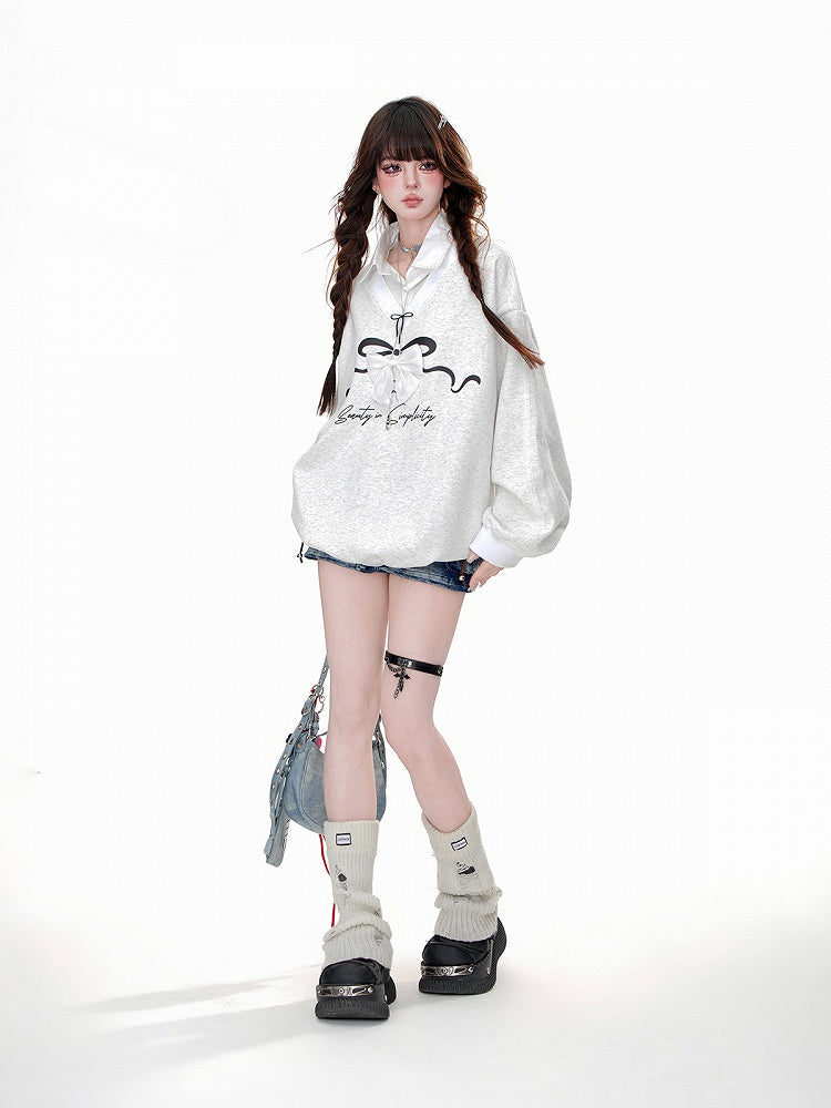 Gray Collar Bow Two-Piece Faux Sweatshirt Polo with Detachable -