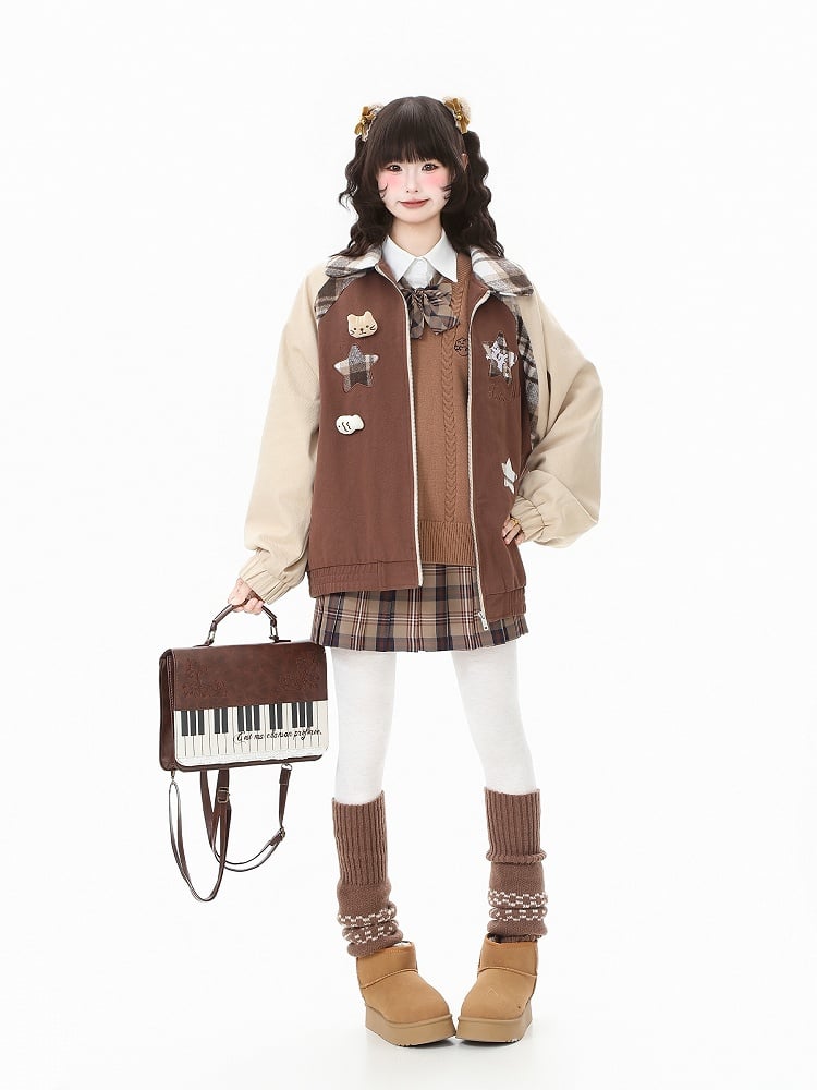 Collar Cat Brown/Pink Color-Block Embroidered with Jacket Plaid and