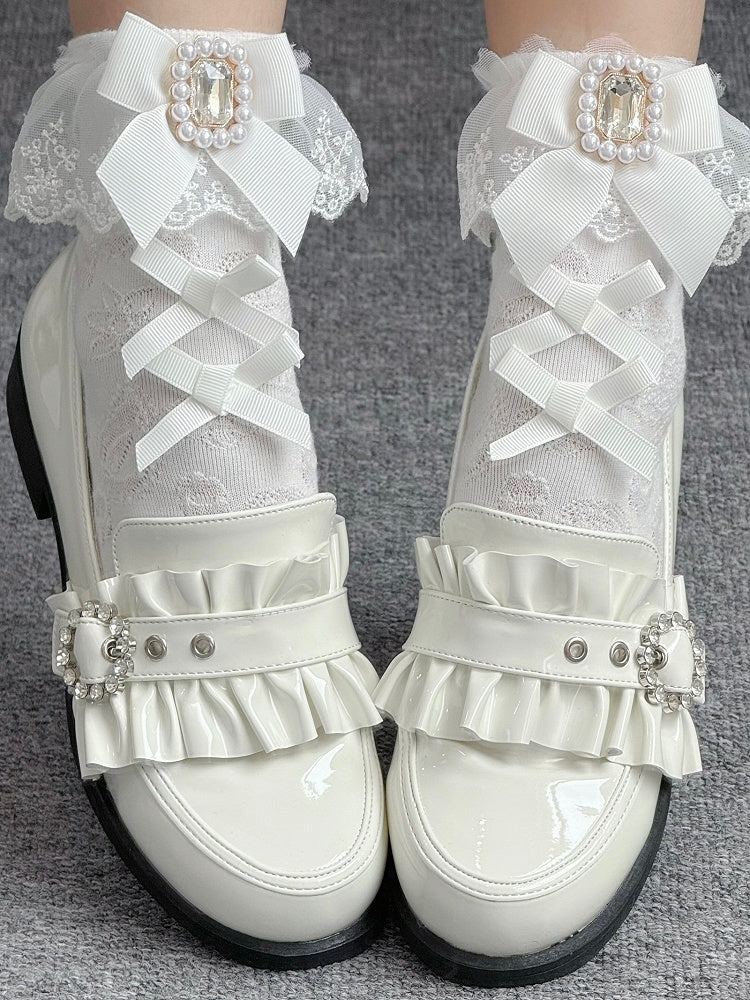 Leather Heels Rhinestone Bead PU Kei with Low Bow Jirai Polished White